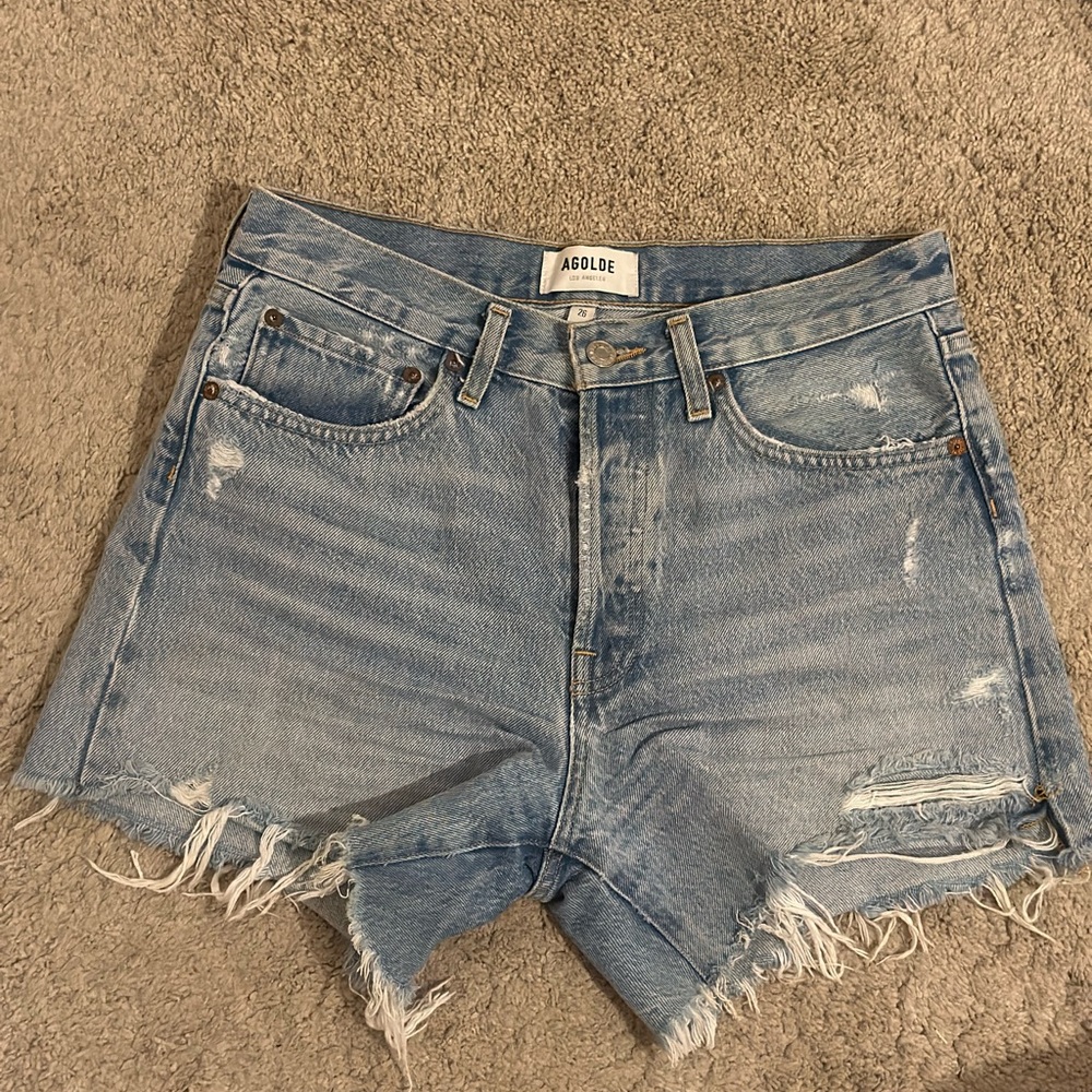 Agolde Light Blue Distressed Denim Jean Shorts
